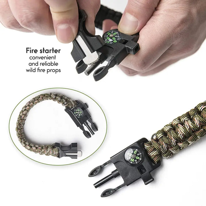 Paracord-Armband mit Kompass, Pfeife, Feuerstarter und Notfall-Überlebensdecke